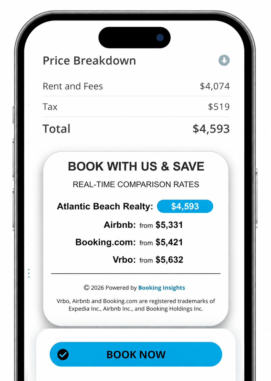 Real-time vacation rental price comparison showing savings when booking directly with Atlantic Beach Realty